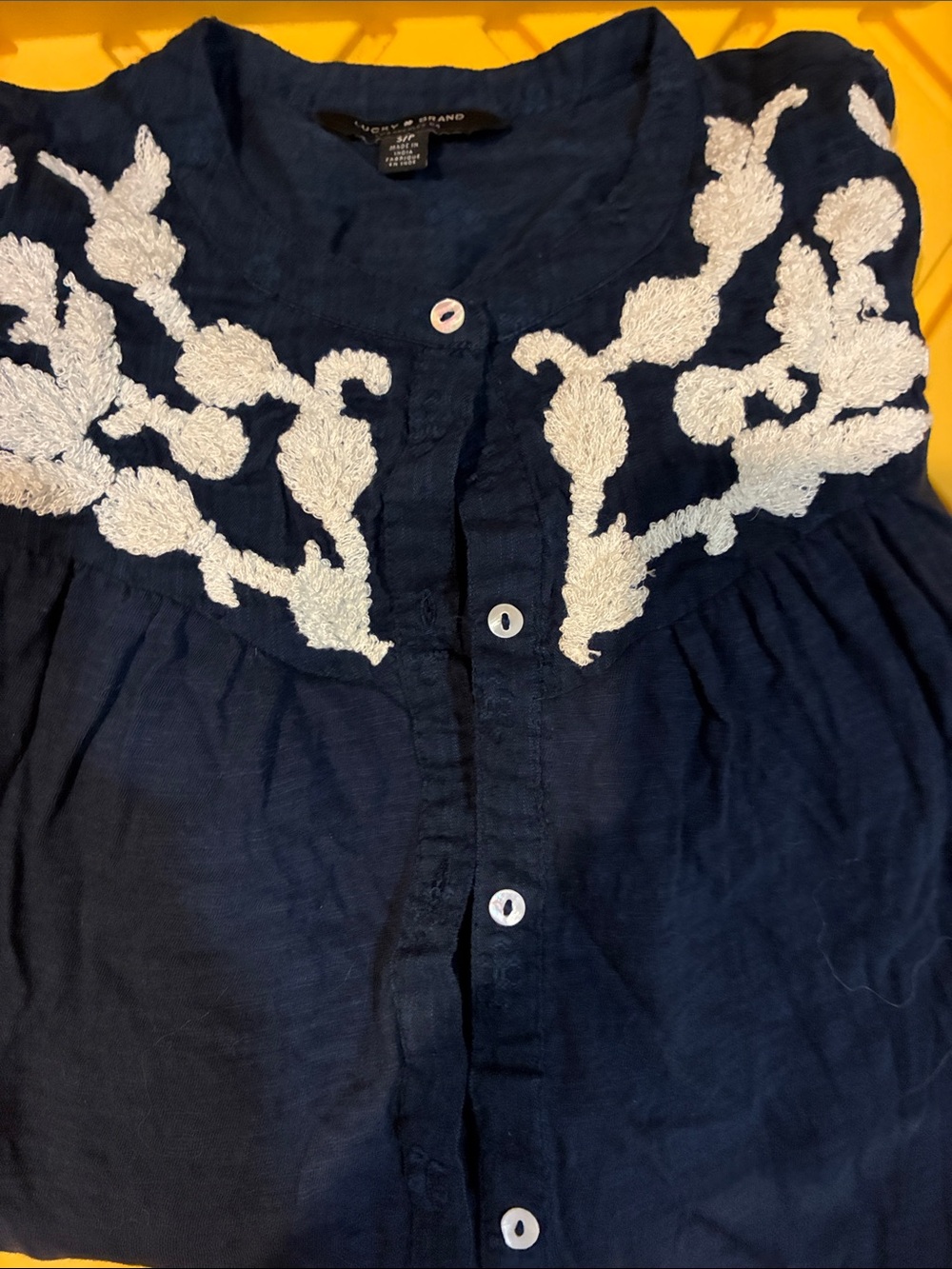 Lucky Brand Navy Embroidered Button-Up Top